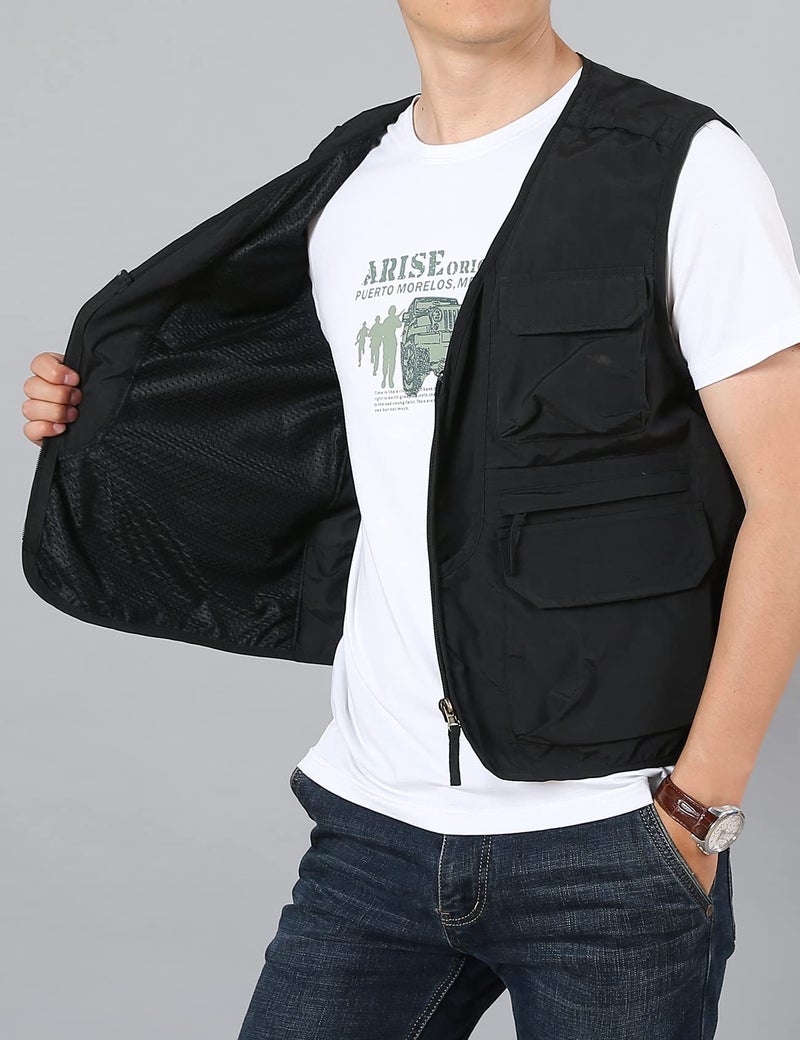 Flygo Men's Utility Cargo Vest Outdoor Summer Work Photo Fishing Safari Travel Vest with Pockets(01Black-M) - Image 4